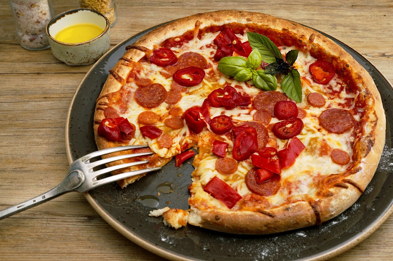 Pepperoni pizza on a restaurant table