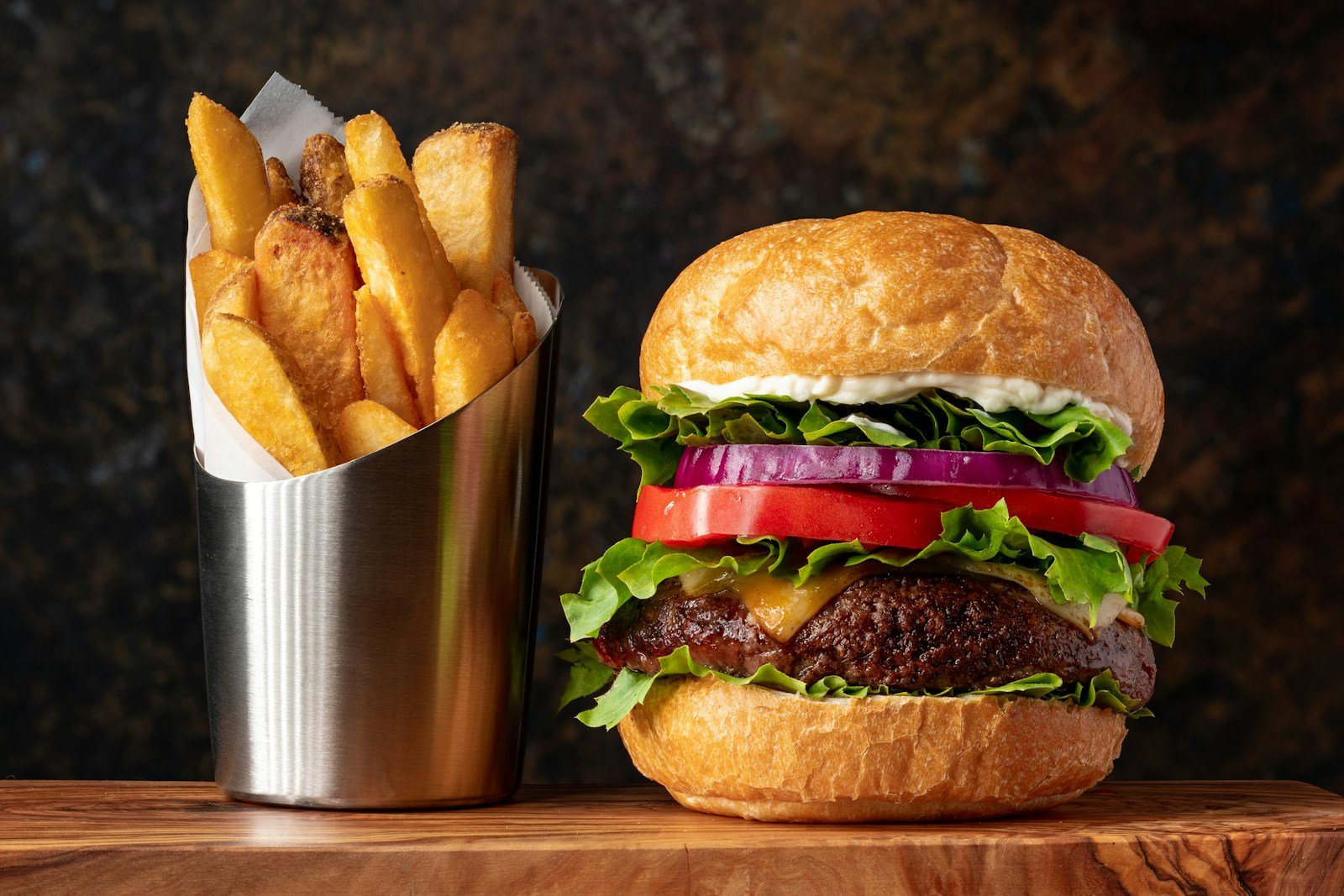 Burger with lettuce and fries